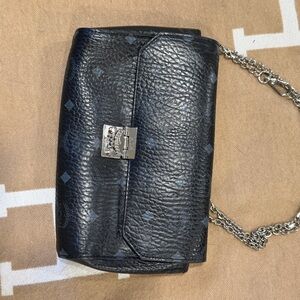 MCM Black Leather Chain Crossbody Bag with Silver-Tone Hardware